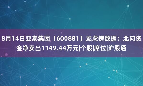 8月14日亚泰集团（600881）龙虎榜数据：北向资金净卖出1149.44万元|个股|席位|沪股通